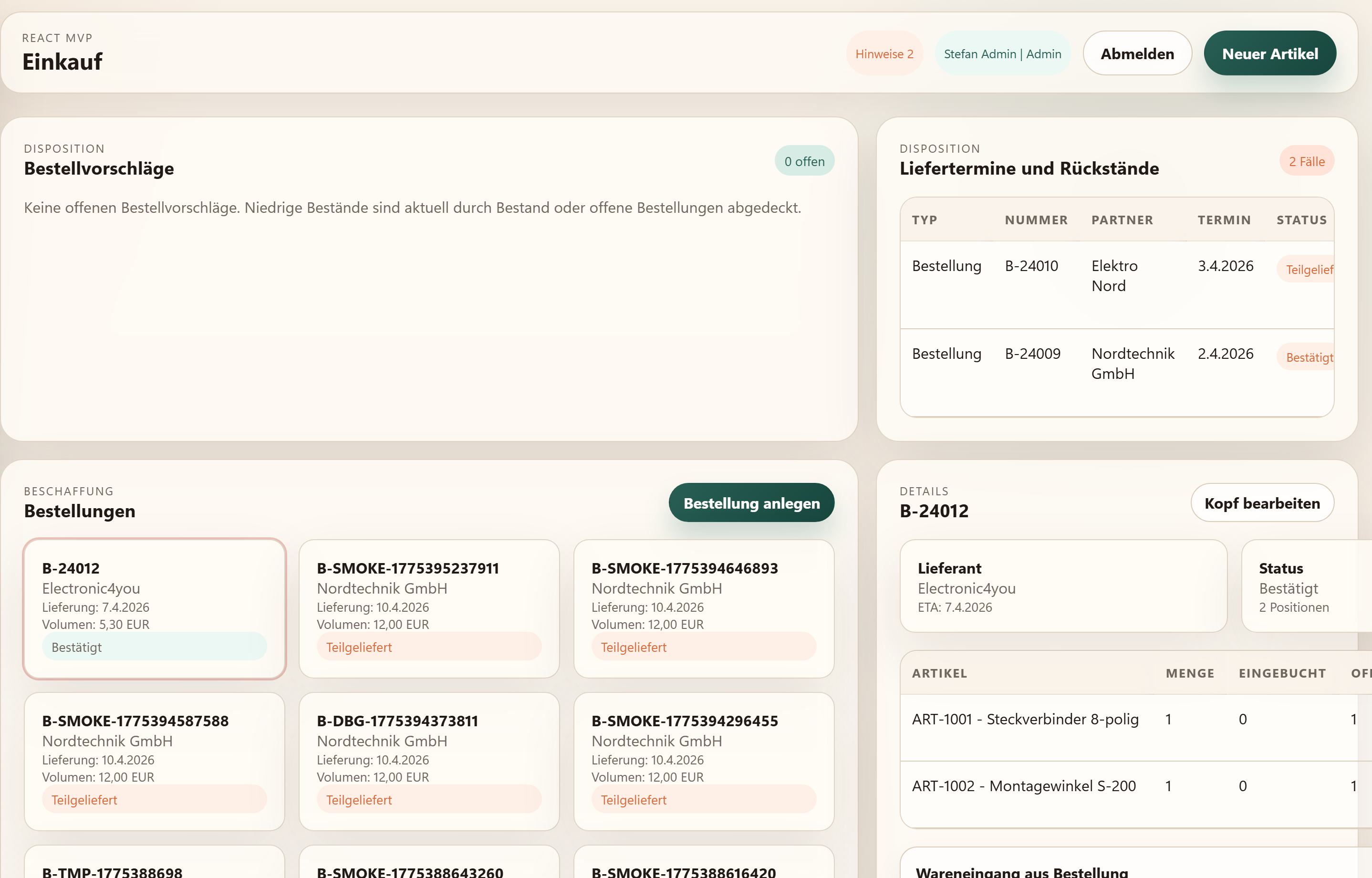 Pivorotech Warenwirtschaft: Einkauf mit Bestellvorschlägen, Rückständen und Bestellungen